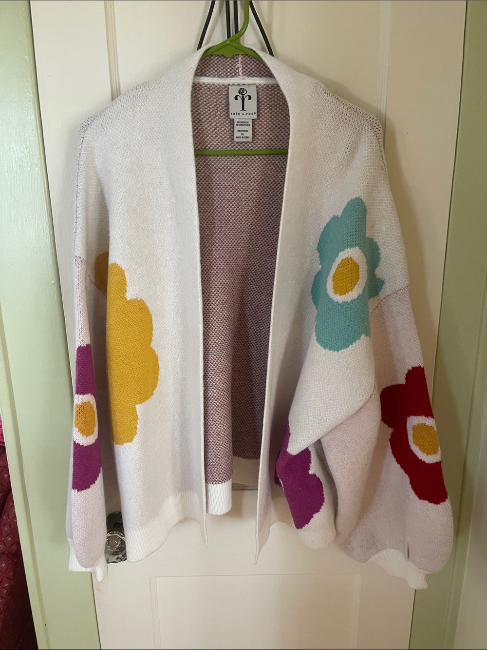 White Floral Open-Front Cardigan Sweater by Rain + Rose